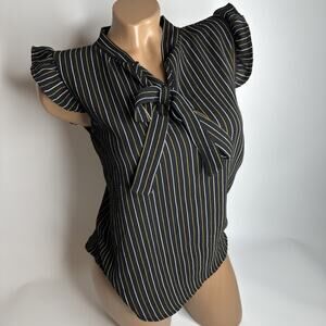 Vintage Papaya Black Stripe Bow Tie Top S USA Made Ruffle Sleeve Office Blouse